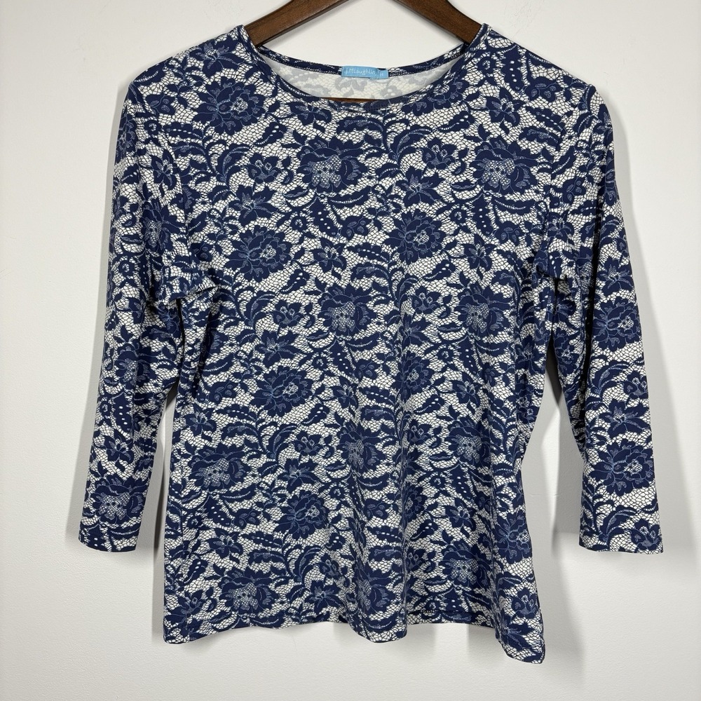 J McLaughlin Catalina Cloth Pullover Top Womens M Blue Floral Lace Print Stretch